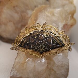 Damascene Fan Brooch With Trombone Clasp. Vintage.
